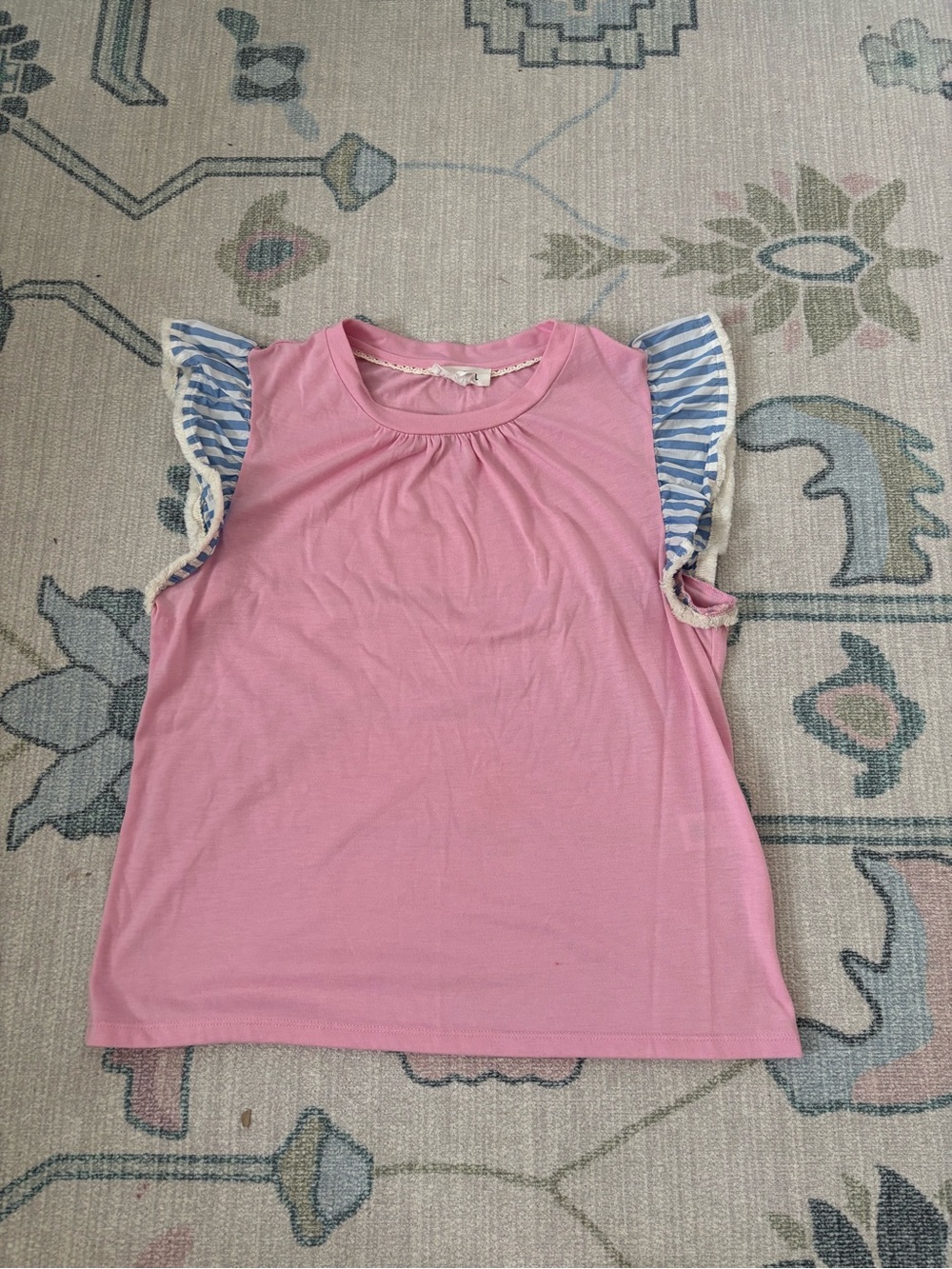 THML Pink Short Sleeve Top with Blue Stripe Ruffle Sleeves